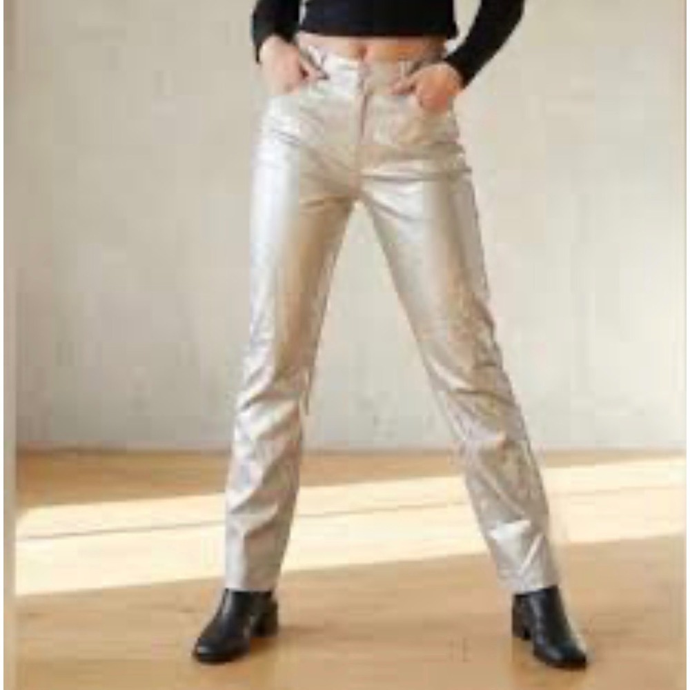 NWT Salty Metallic Silver/Champagne Faux Leather Straight Leg Pants Size L